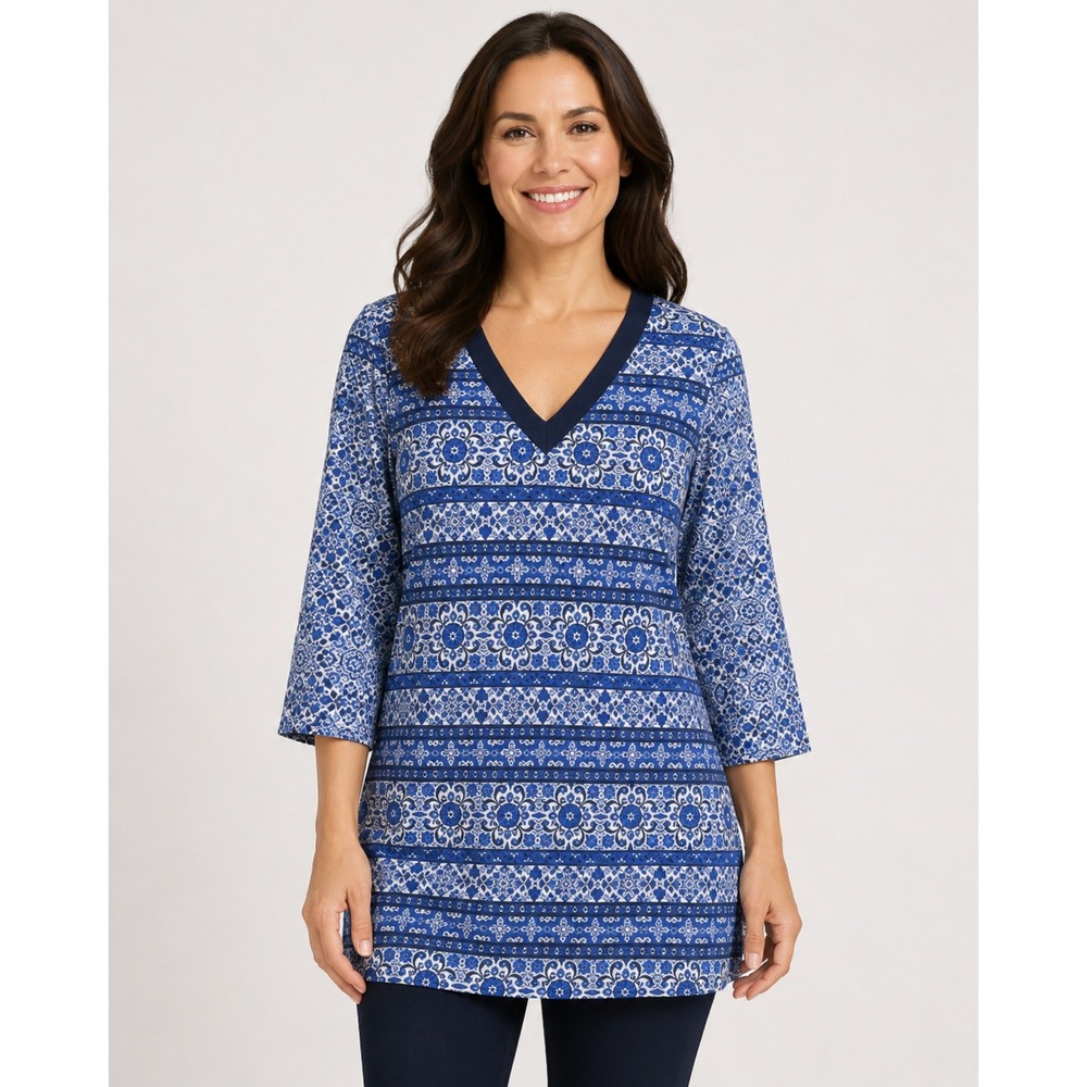 Lands' End Blue Tunic Top Floral sz M/10-12 Nautical Side Slit Boho Tropical